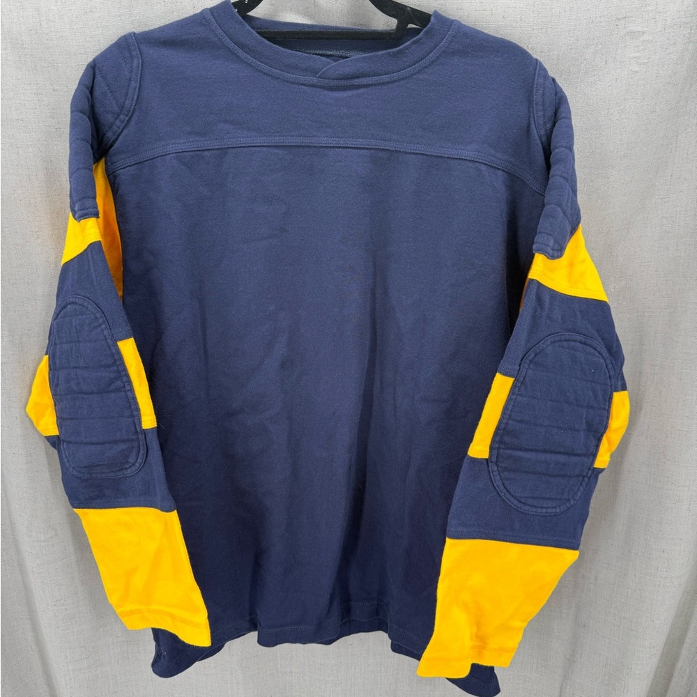J Peterman Size M Blue Yellow Quilted Shoulders Padded Elbows Rugy Sweatshirt